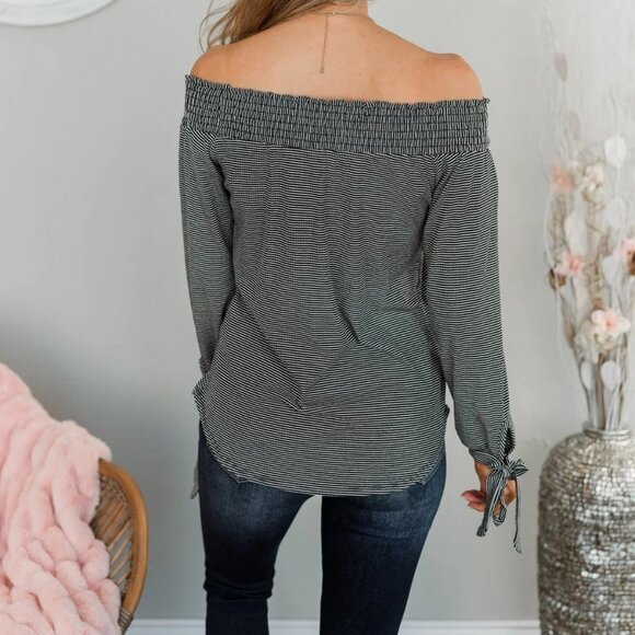 Dreaming of Stripes Off the Shoulder Top- Black & White - Picture 5 of 13